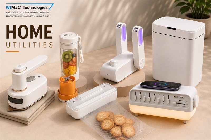 WiMaC Home Utilities catalogue cover showing a steam iron, blender, shoe dryer, dustbin, vacuum sealer and white noise speaker